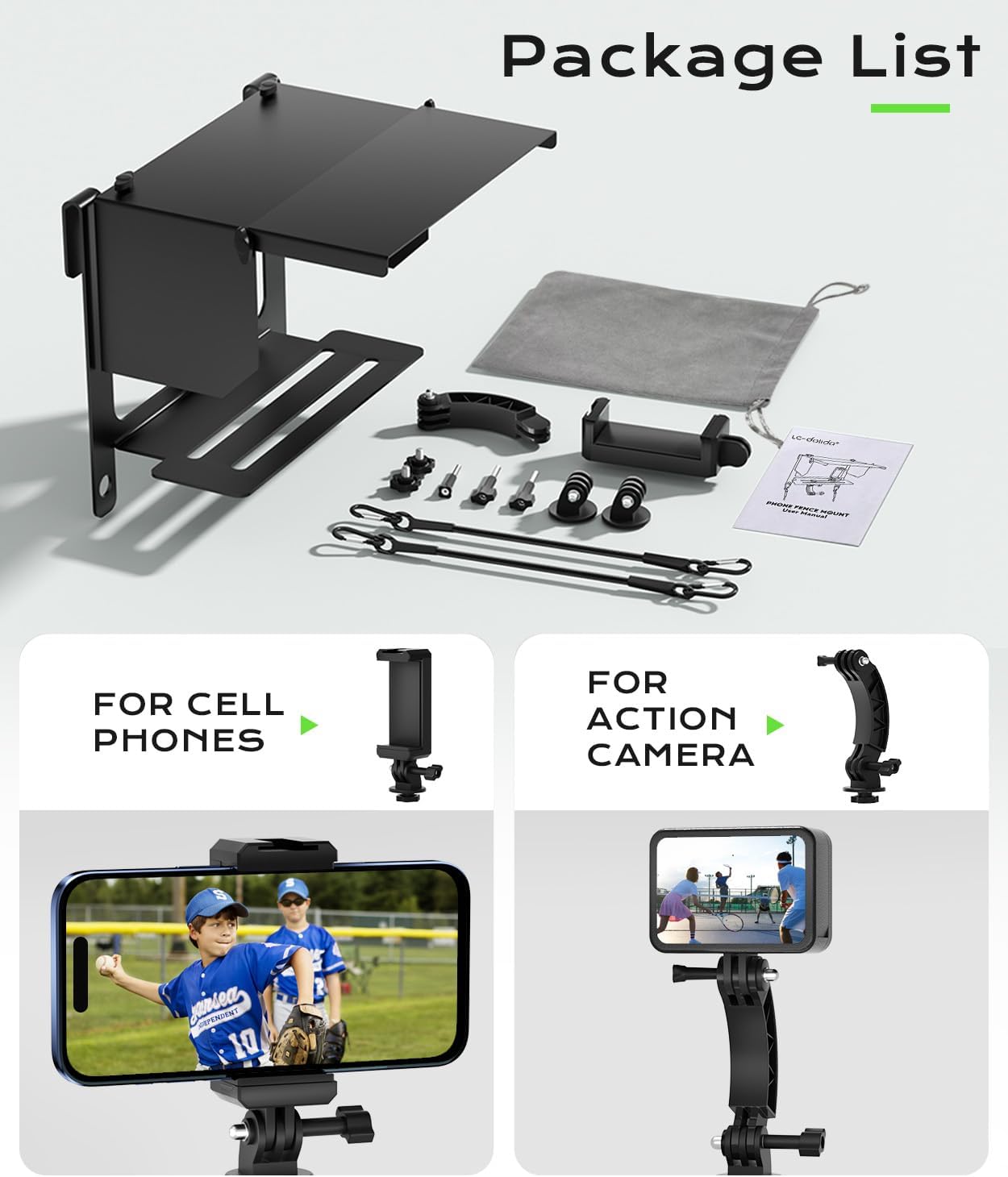 Cell Phone Fence Mount Shade - All-in-One Mounting Kit for iPhone, GoPro, Samsung, Mevo Start, Insta360 and Action Cameras, Ideal for Recording Baseball, Football, Tennis Games