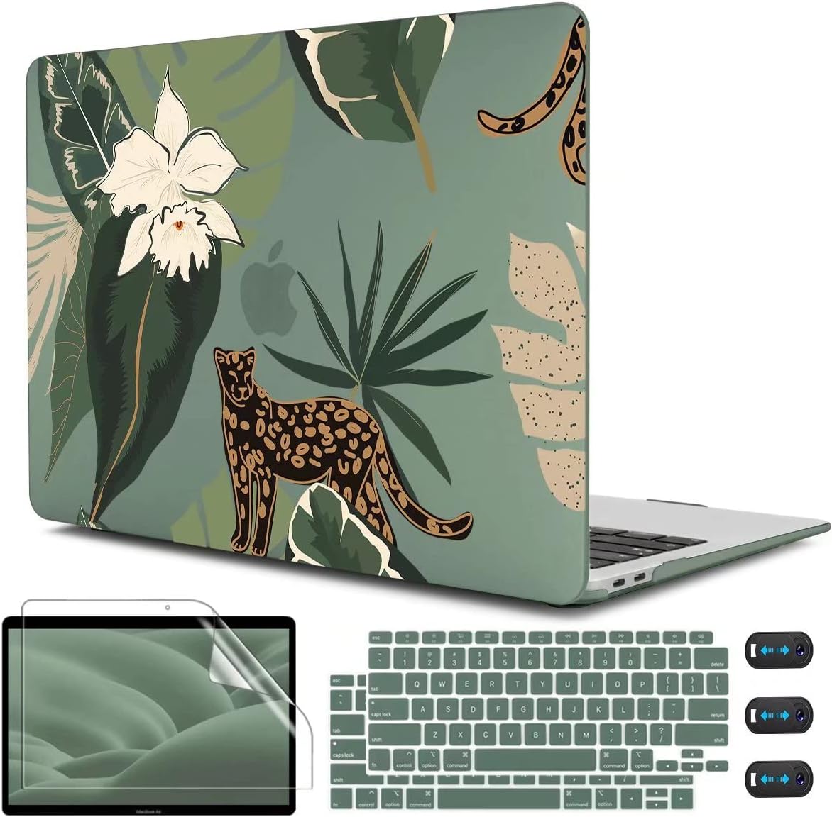 CISSOOK Compatible with MacBook Air 13 inch Case 2021 2020 2019 2018 Release Model M1 A2337 A2179 A1932, Midnight Green Hard Case Leopard Cover for MacBook Air 13 inch with Touch ID - Panther Leopard