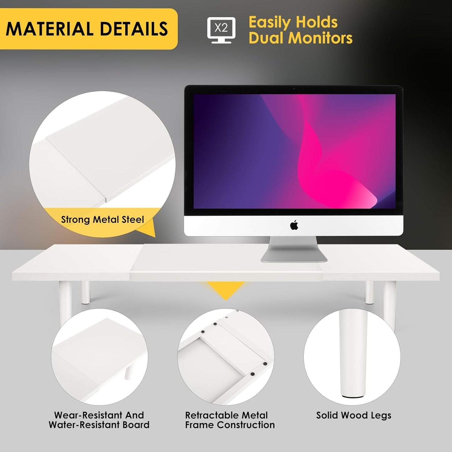 Dual-Monitor-Stand-Riser-For-Desk Adjustable Length 32-40 Inch，Large Desktop Computer Monitor Riser For 2 Screens，Desk Shelf Organizer Riser Stand For Computer/Laptop/PC/Printer/TV White