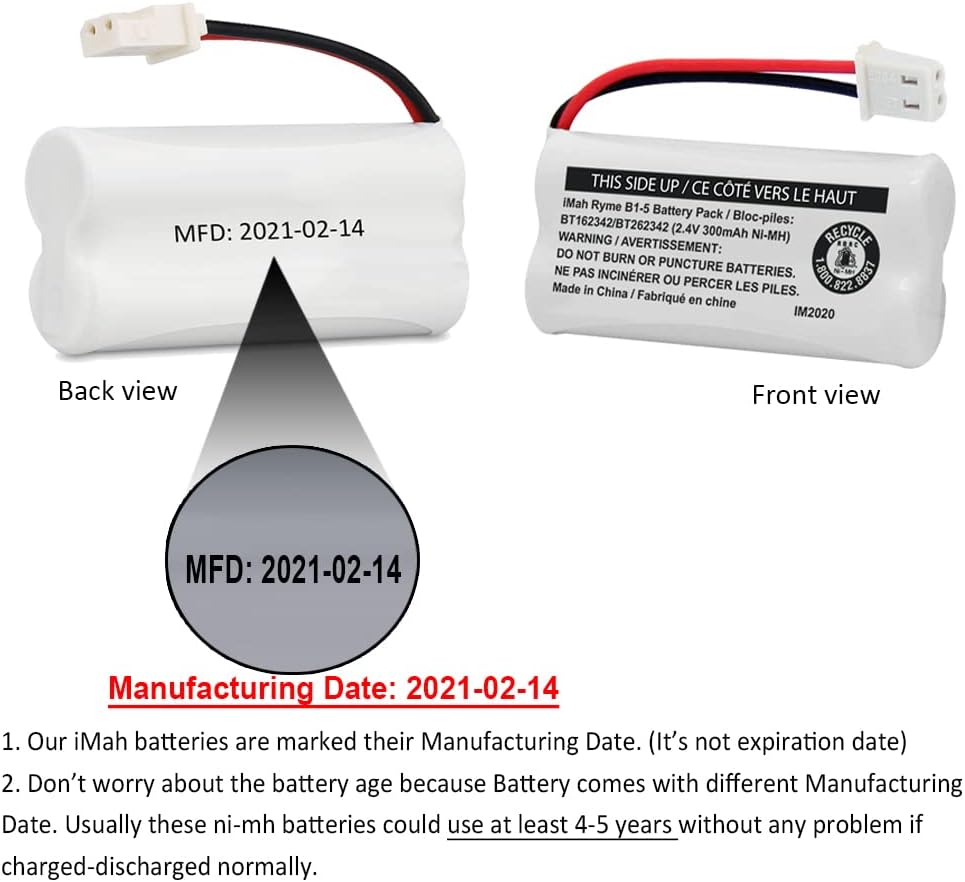 iMah BT162342/BT262342 2.4V 300mAh Ni-MH Cordless Phone Battery Pack, Also Compatible with BT183342/BT283342 AT&T EL52351 TL90070 VTech CS5119 DS6511 DS6722 LS6305 Handset, 2-Pack