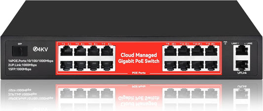 STEAMEMO 16 Port Gigabit PoE Switch, Smart Managed Gigabit Ethernet Switch, 16 PoE+ Ports@240W, Plug and Play, Vlan, Fanless, Desktop or Rackmount, Overload Protection w/ Port