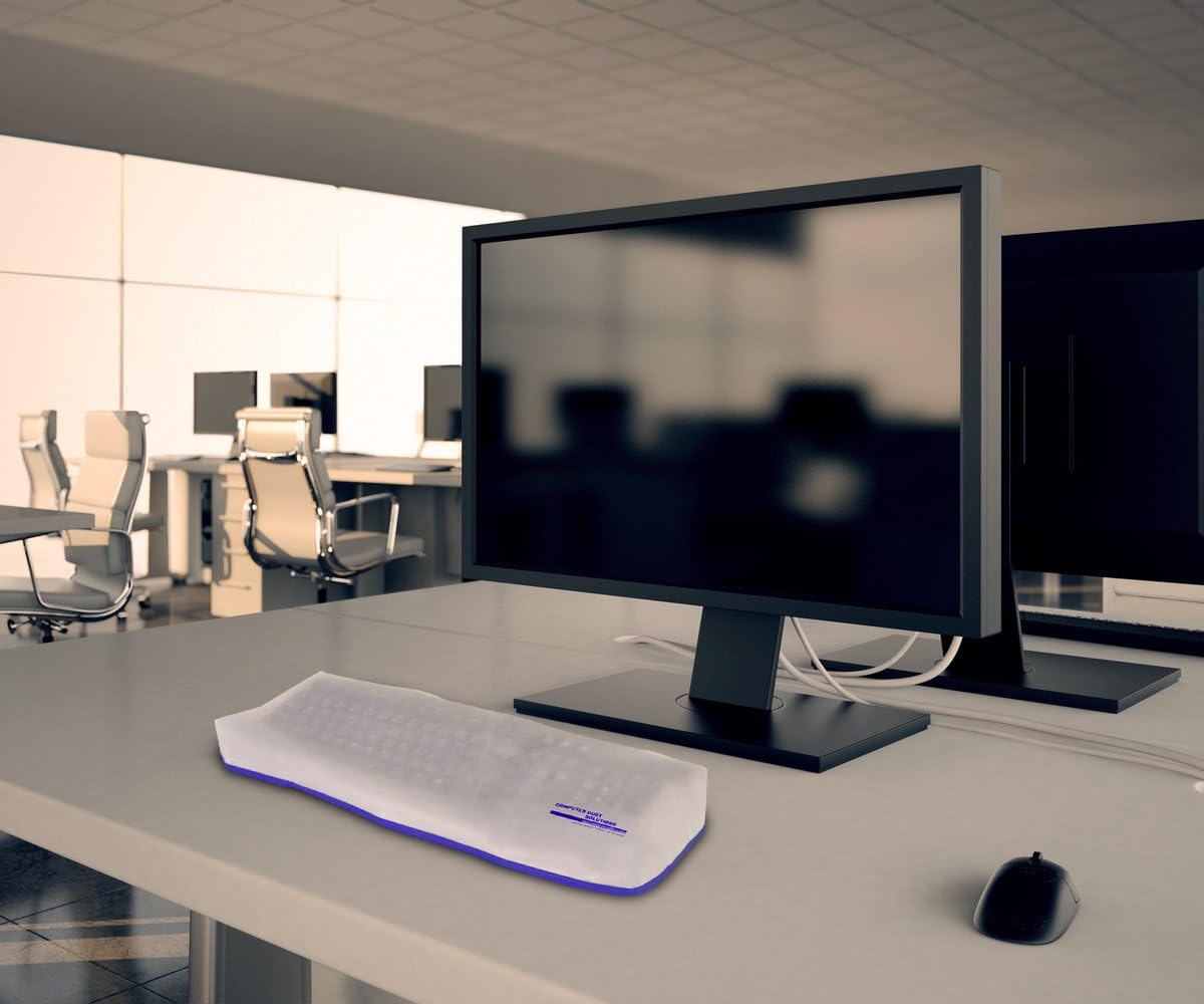 Keyboard Dust Cover, Covers Standard Size PC Keyboards, Silky Smooth Antistatic Vinyl, Translucent Coconut Cream Color with Blue Trim, Larger, (18W x2H x7D)