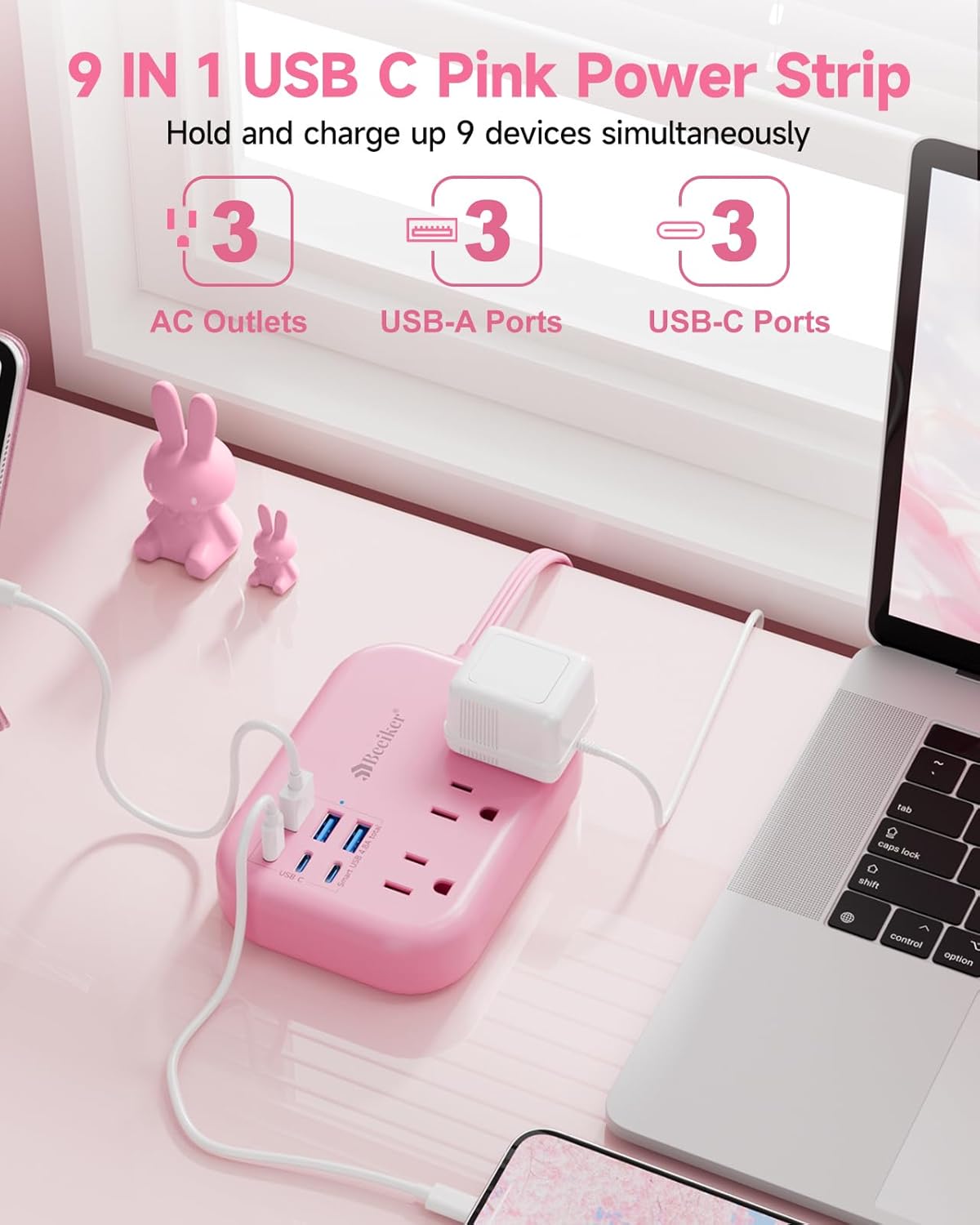 6 USB(3 USB C) Pink Power Strip- 5Ft Pink Extension Cord with 6 USB Charging Station 24W/4.8A and 3 Outlets, Pink Desk Accessories for Cruise Travel Pink Cute Kawaii College Dorm Desk Home Essentials