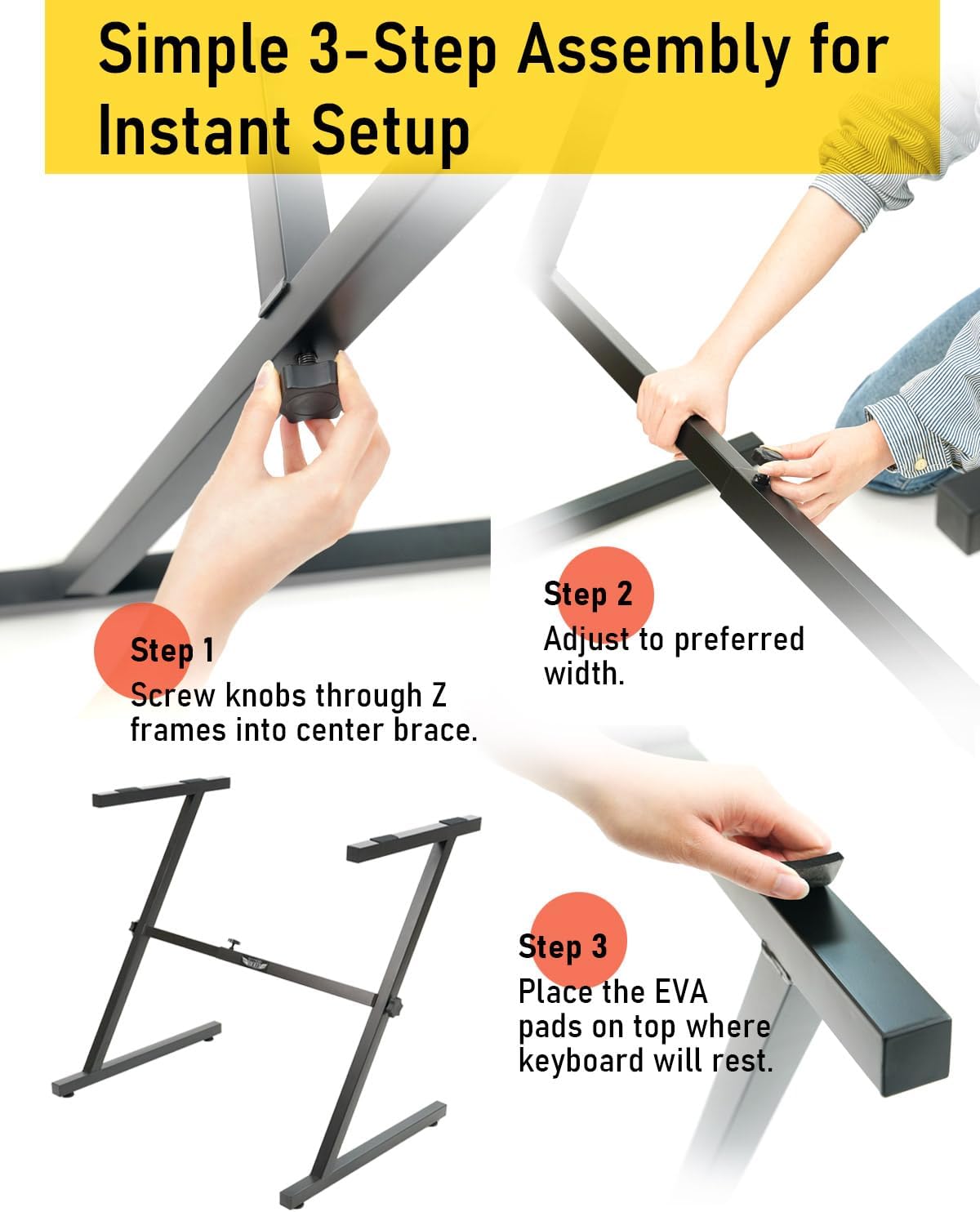 Stage Rocker Z-Style Keyboard Stand, Adjustable Width for 61/88 Key Keyboards, Sturdy & Durable Digital Piano Stand, Easy Storage, Sleek Black.