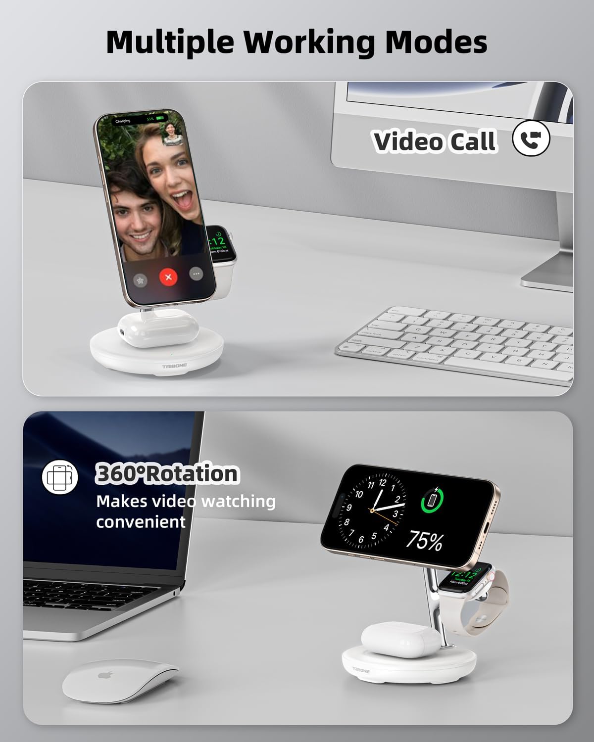 3 in 1 Magnetic Wireless Charger Stand for Apple Devices, TRIBONE Fast Charging Station for iPhone 16/15/14/13/12 Series, Apple Watch, Airpods (White)