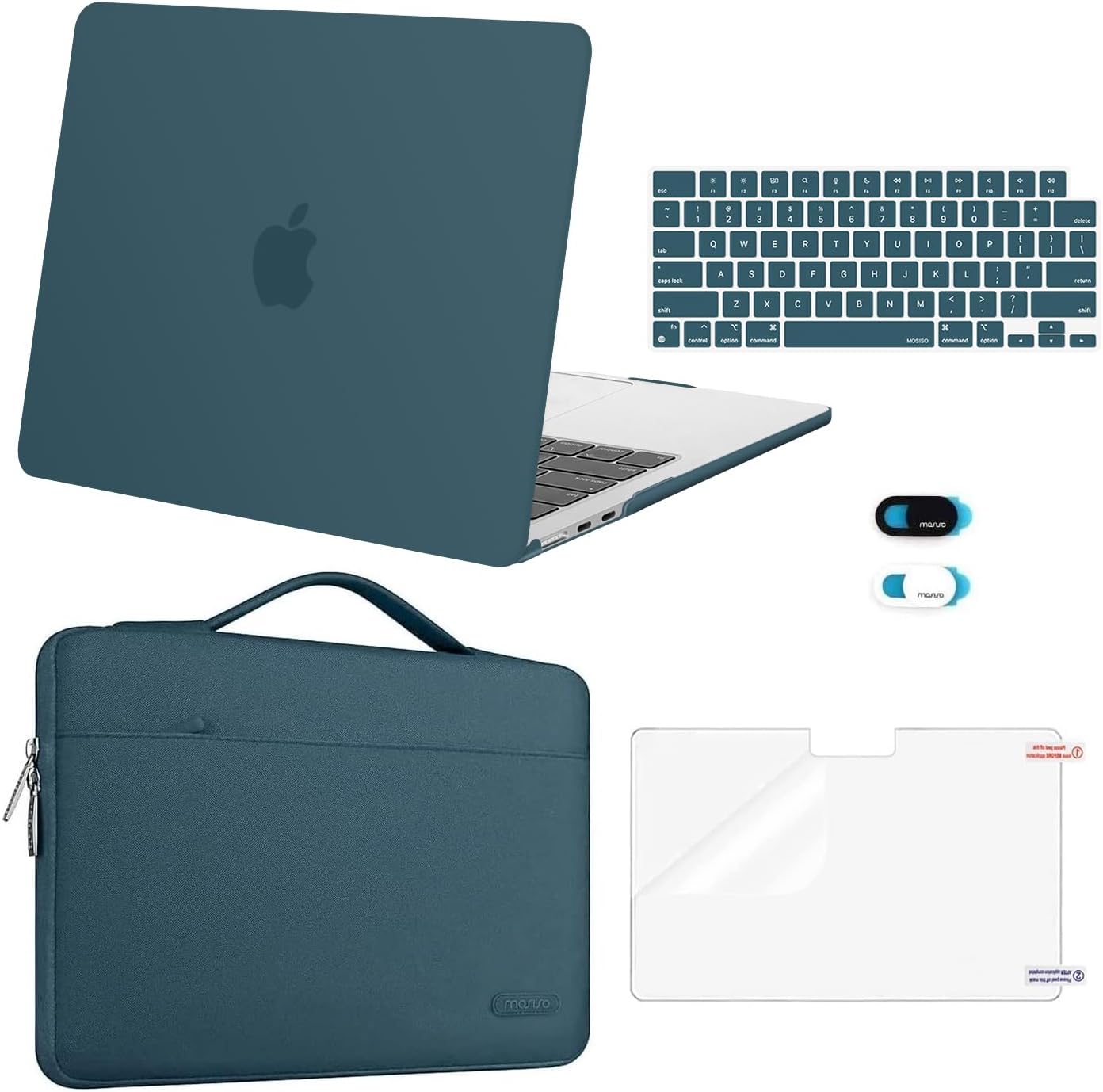 MOSISO Compatible with MacBook Air 13 inch Case 2025 2024 2023 2022 M4 A3240 M3 A3113 M2 A2681, Hard Shell&Sleeve Bag&Keyboard Skin&Webcam Cover&Screen Film for MacBook Air 13.6 inch, Teal Green