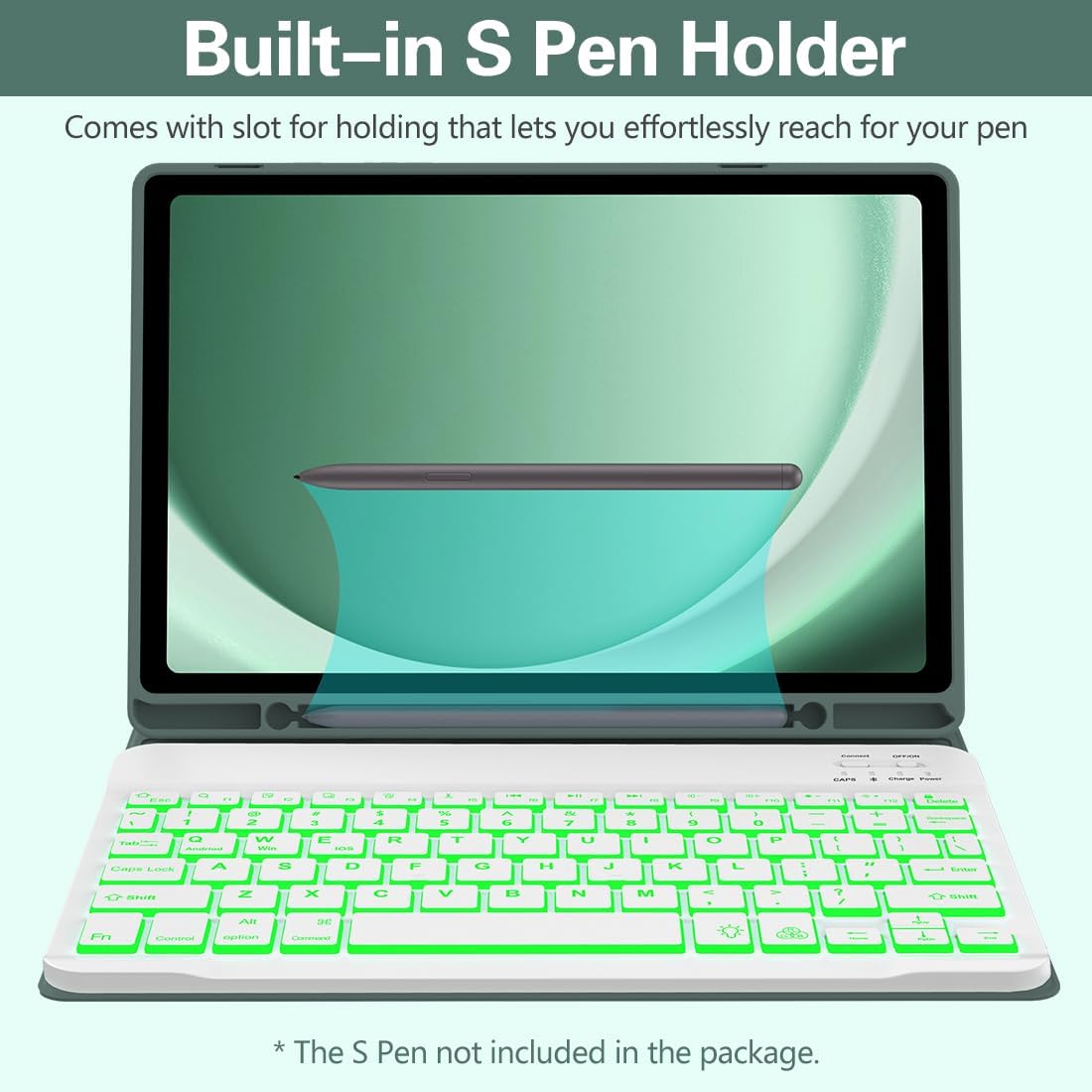 Keyboard Case for Samsung Galaxy Tab A9 Plus 5G 11 inch 2023 (SM-X210/X216/X218), 7 Color Backlit Detachable Keyboard Bluetooth, Smart Folio Cover with S Pen Holder for Galaxy Tab A9+ 11"(Dark Green)