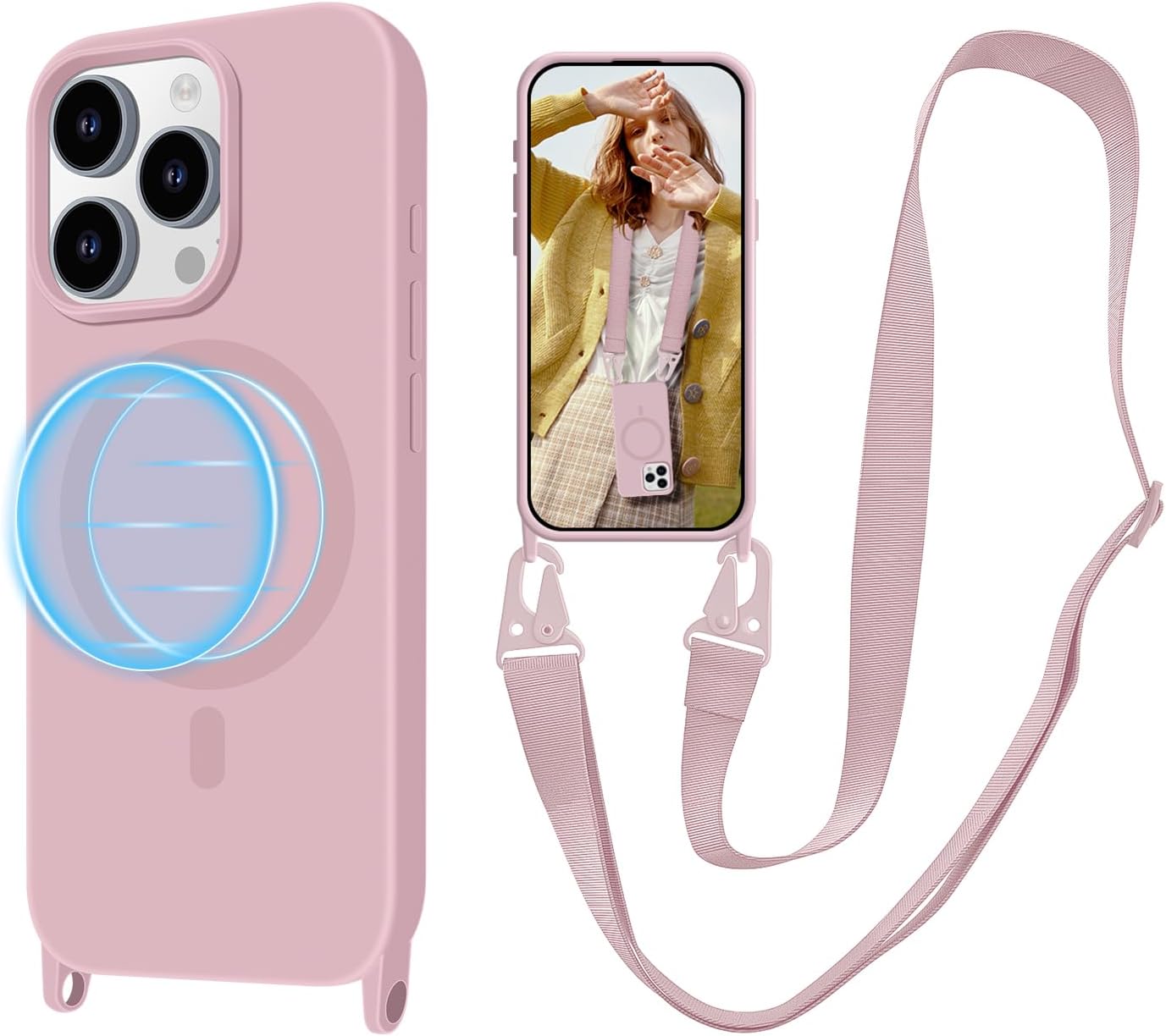 for iPhone 15 Pro Max Case with Lanyard [Compatible with MagSafe], Crossbody Phone Case with Neck Strap Adjustable, Magnetic Phone Cover for iPhone 15 Pro Max 6.7'' Pink
