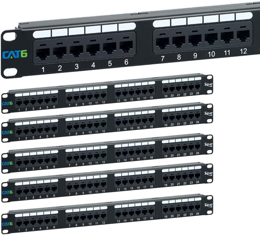 ICC CAT6 Patch Panel, UL Listed & PoE++ Rated Gigabit Applications, Rackmount 24 Port 1U 19-Inch Network Patch Panel with Rear 110 IDC Terminal Blocks for Gigabit Network Switch, Black, Pack of 6