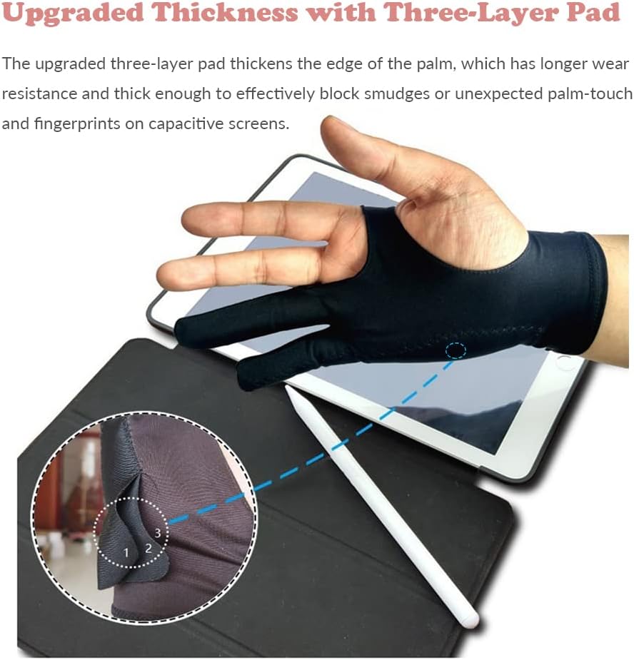 Drawing Glove, 3-Layer Palm Rejection Digital Art Glove for Graphic Tablet, Artist Gloves with Two Fingers for iPad, Paper Sketching, Smudge Guard (2 PCS, Extra small)