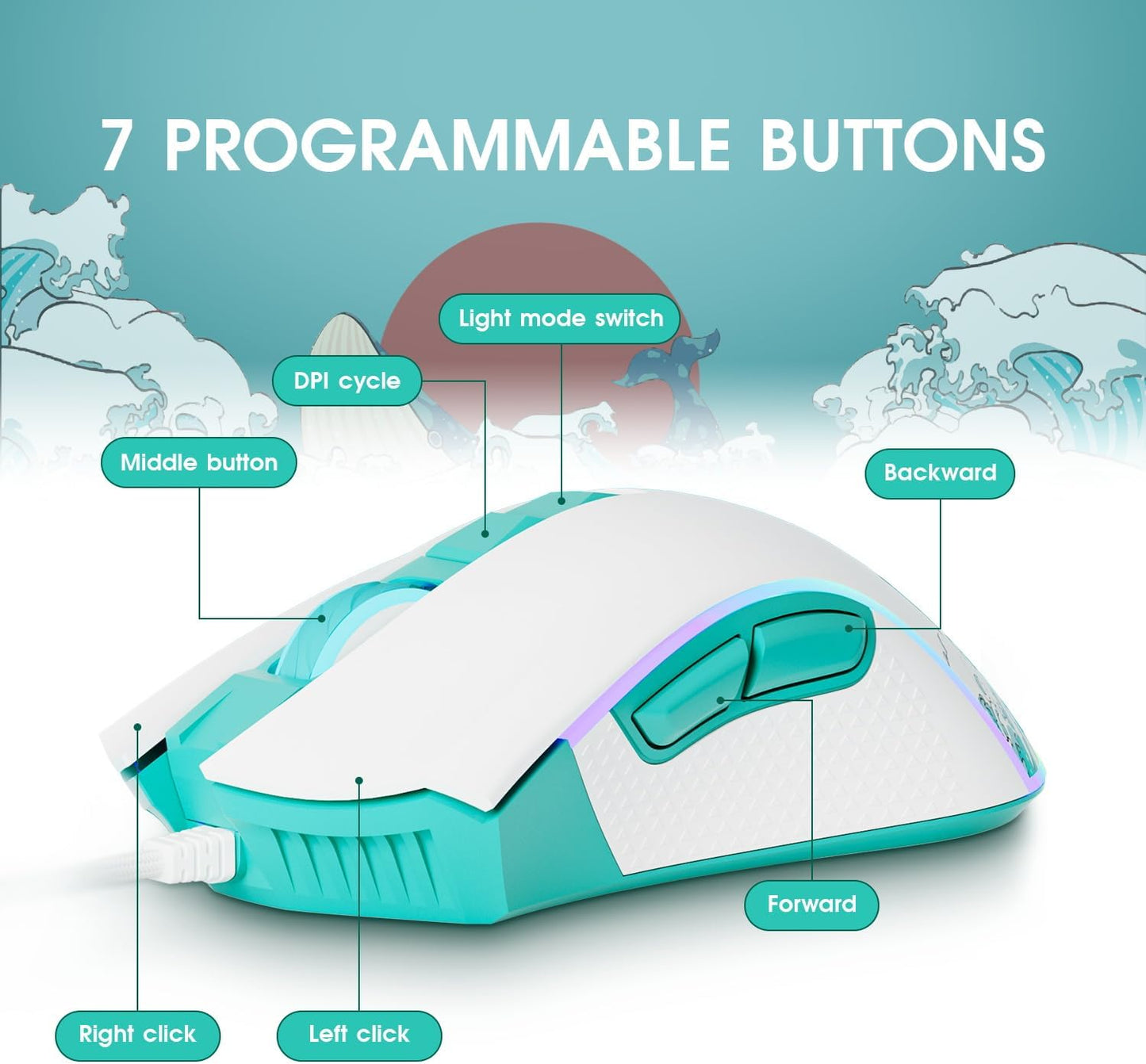 HITIME XVX Wired Gaming Mouse, 12000 DPI RGB Mouse with 12 Backlit Modes & 7 Macro Buttons, PC Gaming Mice Support DIY Keybinding, Gamer Computer Mice for Laptop PC Mac Windows, Coral Sea