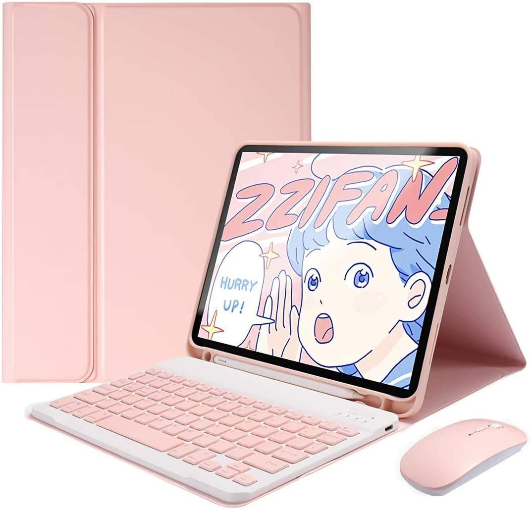 AnMengXinLing Lovely Keyboard Case for iPad 9th/8th/7th Generation with Mouse,Case for iPad9 iPad8 iPad7 10.2 inch with Pencil Holder and Deatachable Keyboard Mouse, Pink