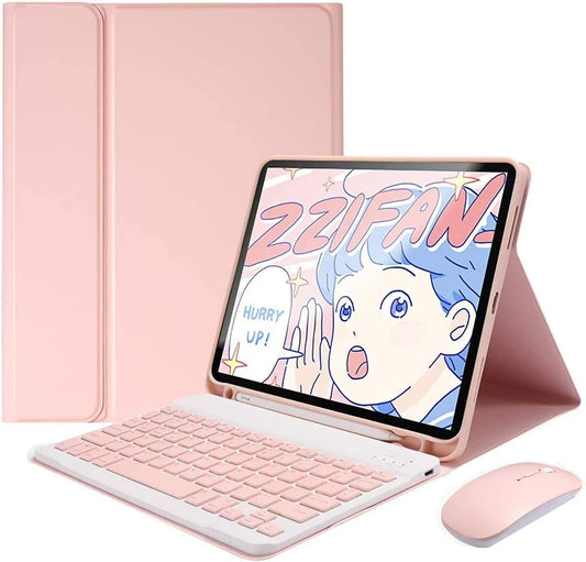 AnMengXinLing Lovely Keyboard Case for iPad 9th/8th/7th Generation with Mouse,Case for iPad9 iPad8 iPad7 10.2 inch with Pencil Holder and Deatachable Keyboard Mouse, Pink