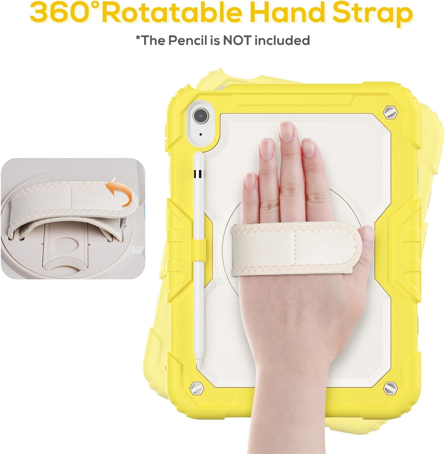 BLOSOMEET Case for iPad A16 11th/10th Generation 11''/10.9'' 2025 2022 with Tempered Glass Screen Protector, Rugged Cute Girls Boys Cover with Stand Hand Shoulder Strap, Fashion Yellow