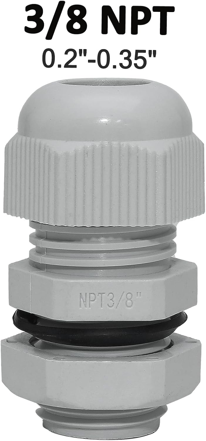 20 Pcs 3/8" NPT Nylon Cable Glands, IP68 Waterproof Adjustable Cord Grip Cable Connector Strain Relief Wire Protectors for 5-9mm Cable Diameter, Grey