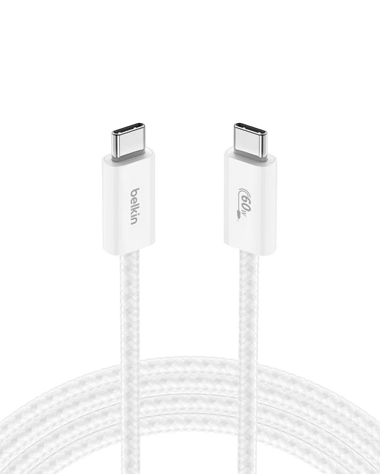 Belkin USB C to USB C Cable, 6.6ft, 60W - Type C Charger, iPhone Charger Cord, Soft, Braided, Flexible for iPhone 16, Galaxy S25, Pixel 9, Airpods, iPad Pro, Tablet & More, Travel Essentials - White