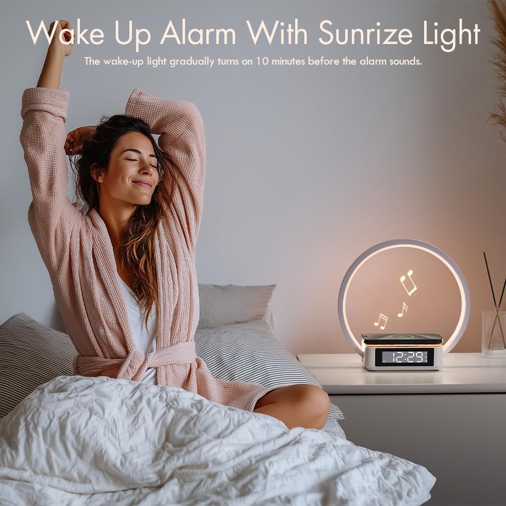 Wireless Charging Station with Alarm Clock,Bedside Lamp with Sunrise Wake-Up Light,Wireless Phone Charger,Touch Table Lamp with 3 Brightness Levels,Idea Gifts for Women,Men,Teens,Adults