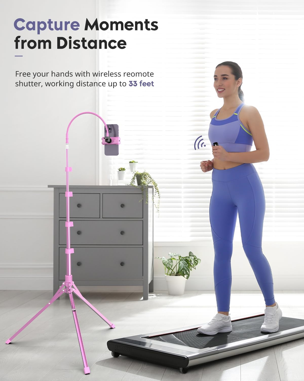 Aureday Phone Tripod, 92" Cell Phone Stand with 15" Gooseneck, Remote and Phone Holder, Overhead & Selfie Stick for Recording/Watching/Vlog, Compatible with iPhone Android, Pink