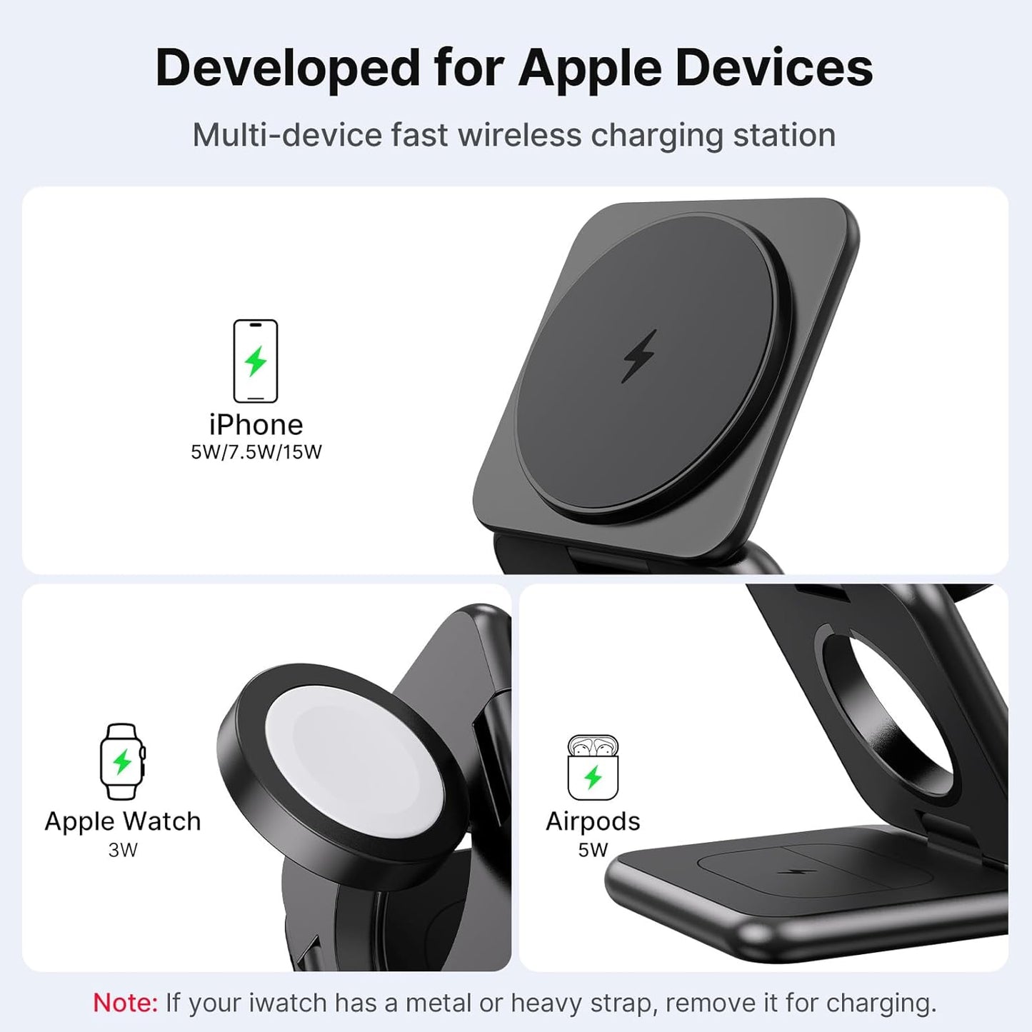 3 in 1 Charging Station for Apple Multiple Devices, Zinc Alloy Foldable Travel Wireless Charging pad for Mag-Safe Wireless Charger Stand for iPhone 16 15 14 13 12 Apple Watch Airpods