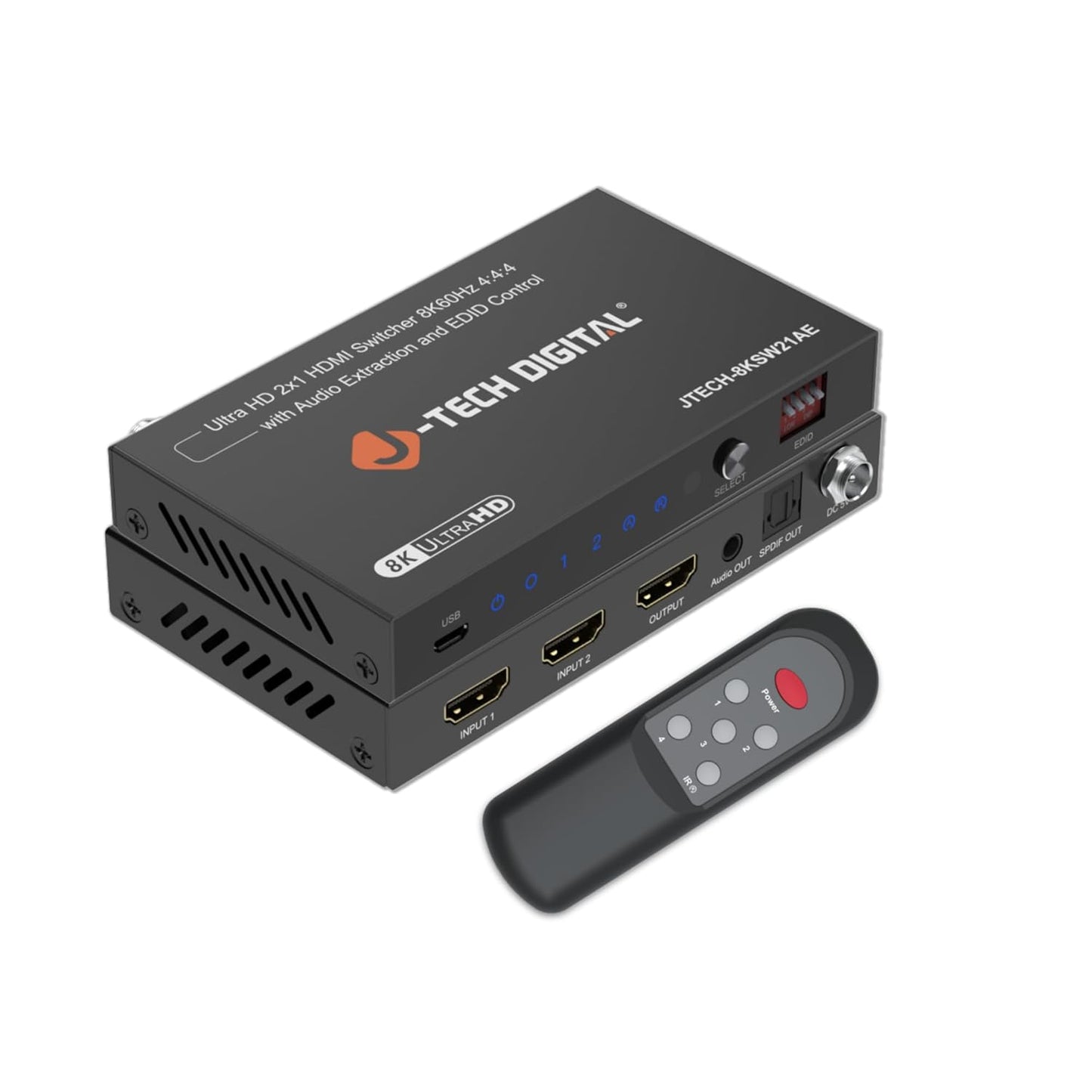 8K HDMI Switch 2 in 1 Out, 8K@60Hz 4K@120Hz 1080P@240Hz with Audio Extraction, HDMI to Optical & Analog 3.5mm, HDR HDCP2.3 EDID Control (JTECH-8KSW21AE)