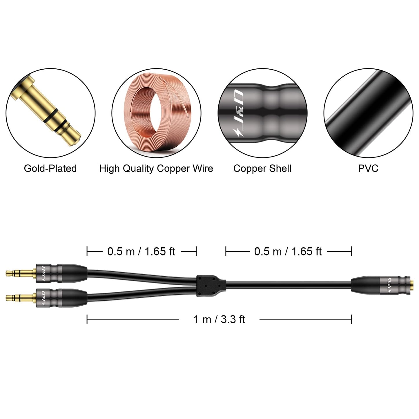 J&D 3.5 mm to 2X 3.5 mm Cable, Gold Plated Joint Copper Shell Heavy Duty 3.5mm 1/8 inch TRS Female to Dual 3.5 mm 1/8 inch TRS Male Y-Splitter Stereo Audio Adapter Cable, 6.6 Feet
