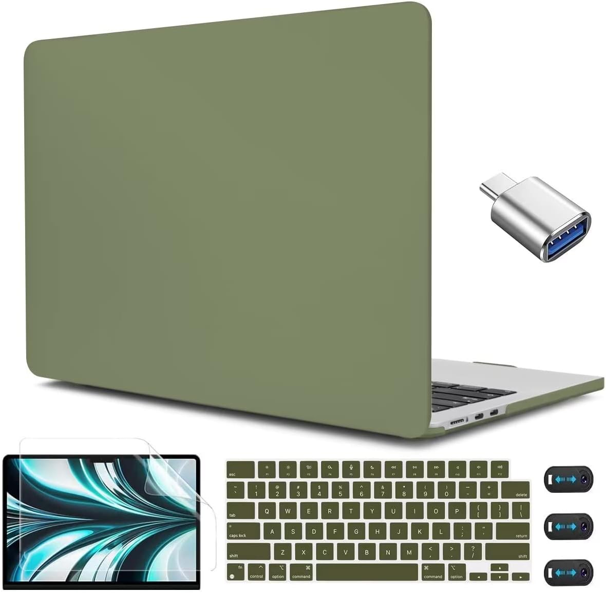 CISSOOK Compatible with MacBook Air 13.6 inch Case M4 A3240 M3 A3113 M2 A2681, Hard Shell Case with Keyboard Cover USB Adapter for MacBook Air 13.6 inch 2022-2025, Avocado Green