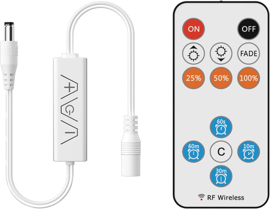 13Keys LED Dimmer, Wireless RF Remote Control and 3Keys Receiver with DC Jack RF Dimmer with Timer Function for DC12V-24V Single Color COB/3528/2835/5050 LED Strip Lights