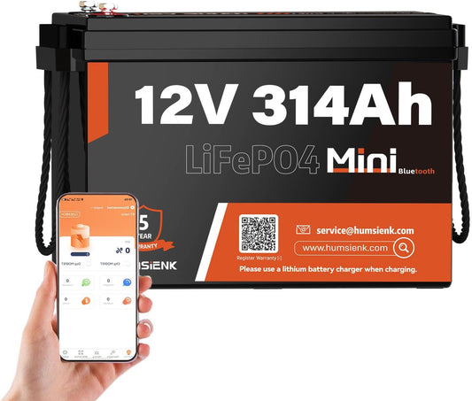 Bluetooth 12V 314Ah LiFePO4 Lithium Battery MINI, Max. 4190Wh Energy, EV A+ Cells, Built-in 100A BMS, 15000 Deep Cycles Battery with Low-Temp Protection for RVs, Solar System, Off-Grid