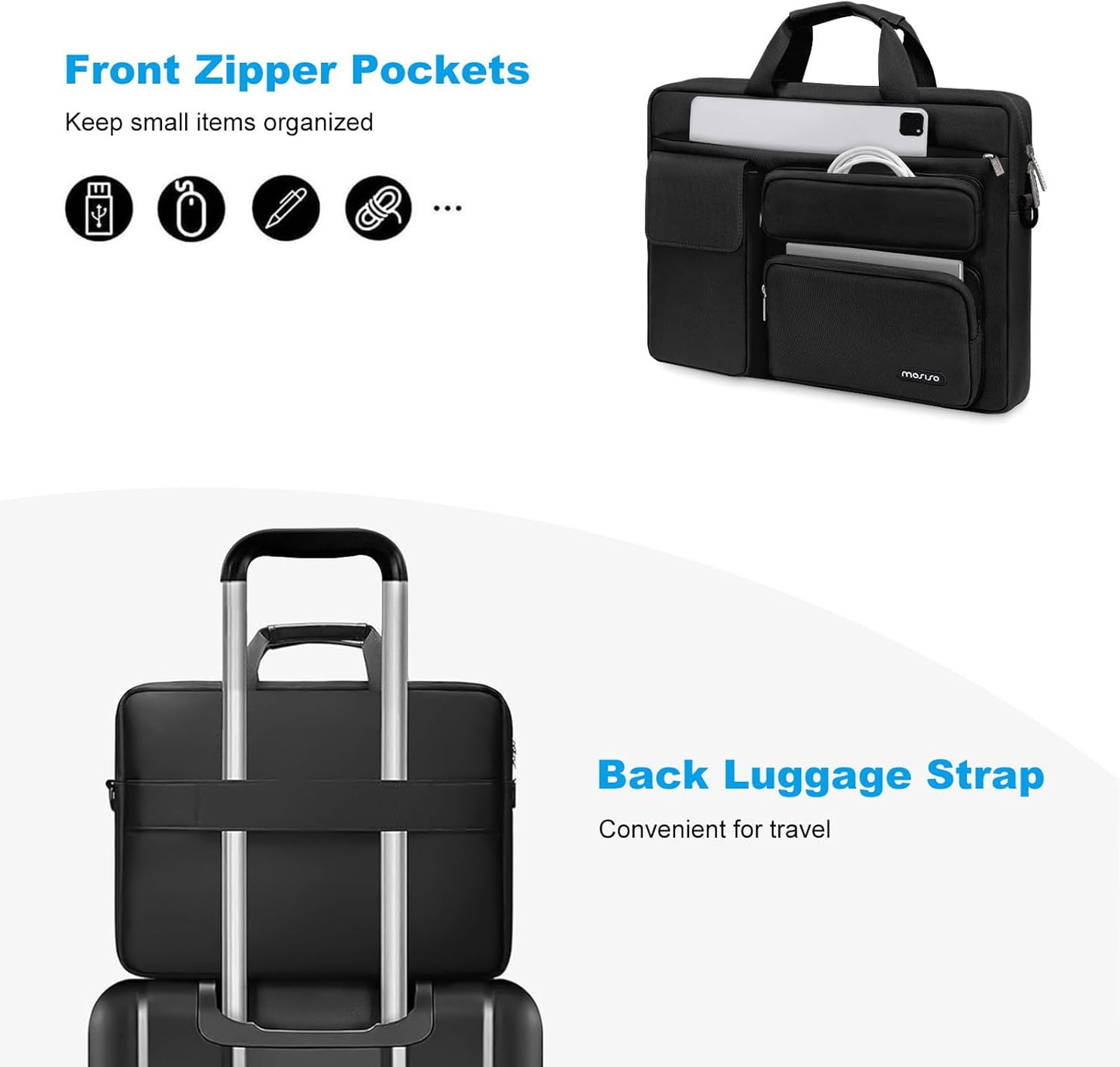 MOSISO Laptop Shoulder Bag, Computer Bag with 2 Raised&1 Flapover&1 Horizontal Pocket&Handle&Belt