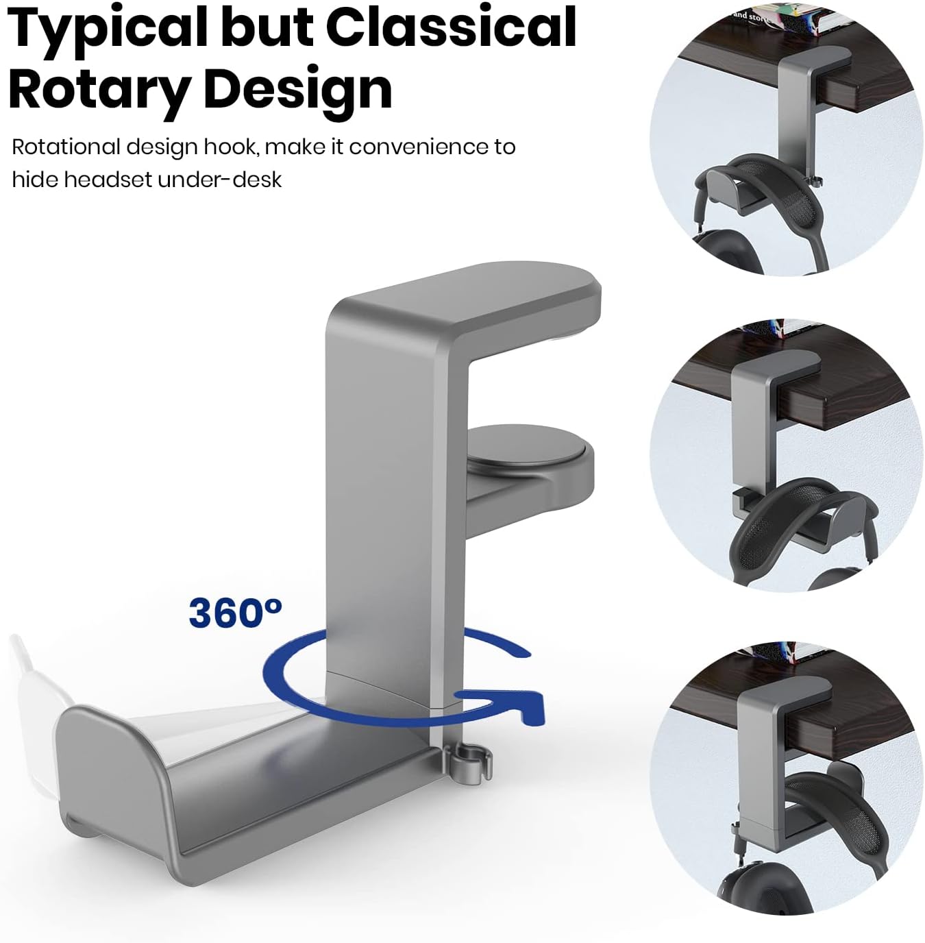 EURPMASK PC Gaming Headset Stand - Adjustable Clamp-on Headphone Holder, 360 Degree Swivel & Cable Clip Organizer - Space Grey