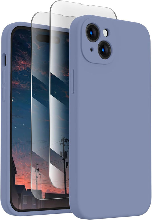 FireNova Designed for iPhone 15 Case, Silicone Upgraded [Camera Protection] Phone Case with [2 Screen Protectors], Soft Anti-Scratch Microfiber Lining Inside, 6.1 inch, Lavender Gray
