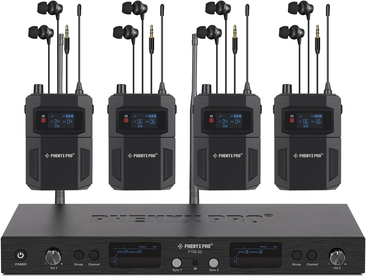 Phenyx Pro in Ear Monitor for Musicians, UHF Wireless in-Ear Monitors System, Mono 2-Channel IEM, Metal Stage Monitor w/ 2x50 Frequencies, 164ft Long Coverage, Rack Mount Kit (PTM-22, 4 Bodypacks)