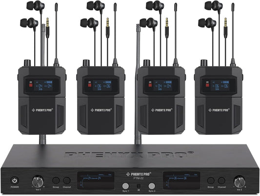 Phenyx Pro in Ear Monitor for Musicians, UHF Wireless in-Ear Monitors System, Mono 2-Channel IEM, Metal Stage Monitor w/ 2x50 Frequencies, 164ft Long Coverage, Rack Mount Kit (PTM-22, 4 Bodypacks)