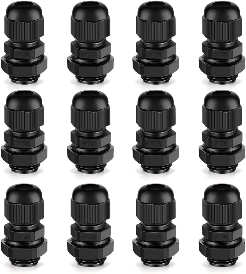 Cable Gland 12 Pack 3/8" NPT Waterproof Adjustable Connector Strain Relief Cord Connectors Joints Nylon with Gaskets…