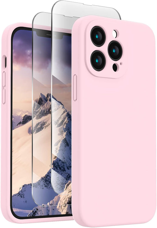 FireNova Designed for iPhone 13 Pro Max Case, Silicone [Camera Protection] Phone Case with [2 Screen Protectors], Soft Anti-Scratch Microfiber Lining Inside, 6.7 inch, Chalk Pink