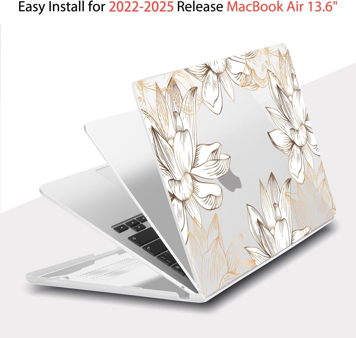 Teryeefi Compatible with M4 MacBook Air 13.6 inch Case 2022-2025 Release M3 A3113 M2 A2681 with Touch ID, Design Hard Shell Case+Keyboard Cover+Screen Protector+Type C Adapter, W-Gold Flower Line