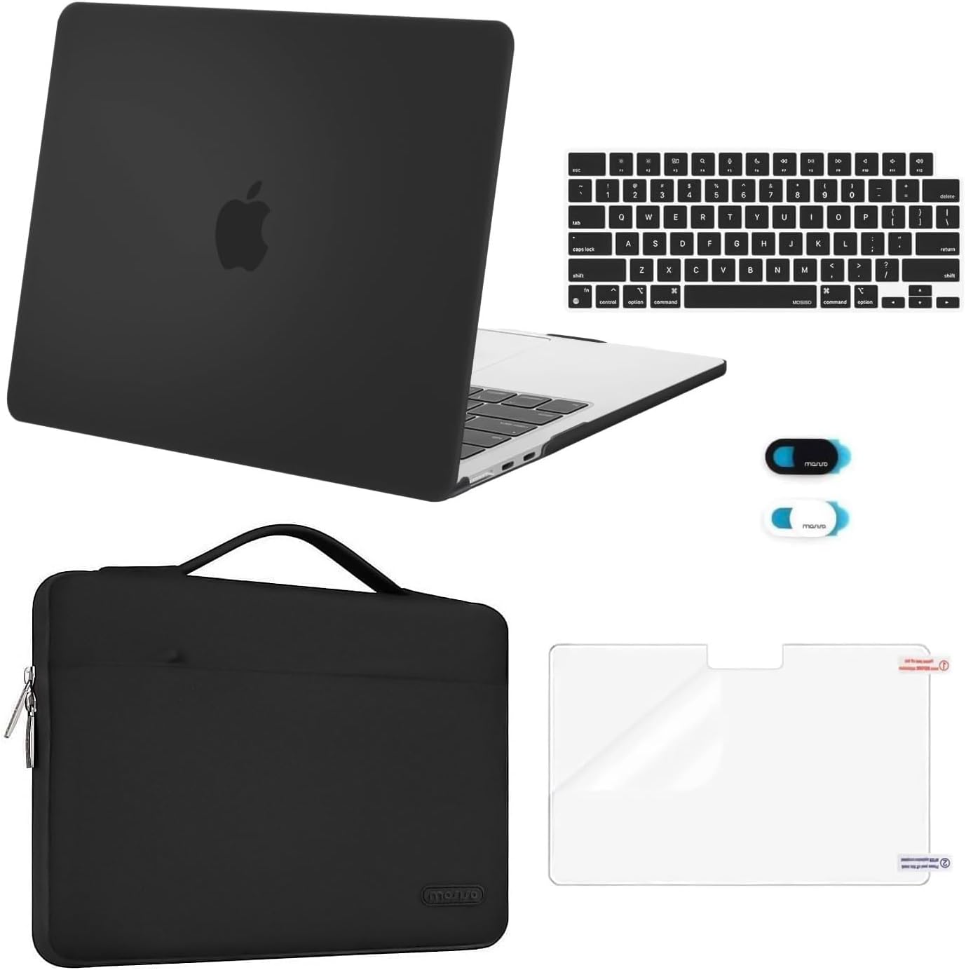 MOSISO Compatible with MacBook Air 13 inch Case 2025 2024 2023 2022 M4 A3240 M3 A3113 M2 A2681, Hard Shell&Sleeve Bag&Keyboard Skin&Webcam Cover&Screen Film for MacBook Air 13.6 inch, Black