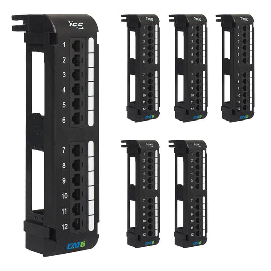 ICC CAT6 Patch Panel, UL Listed & PoE++ Rated Gigabit Applications, Wall Mount 12 Port Network Patch Panel with Rear 110 IDC Terminal Blocks and 89D Wall Mount Bracket, Black, 6-Pack