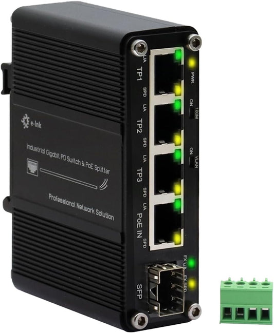 Mini Industrial 4 Port 10/100/1000Mbps Gigabit Ethernet Switch with SFP Port IEEE 802.3at/bt PoE Power Support PoE Splitter Function Din Rail/Wall-Mount VLAN