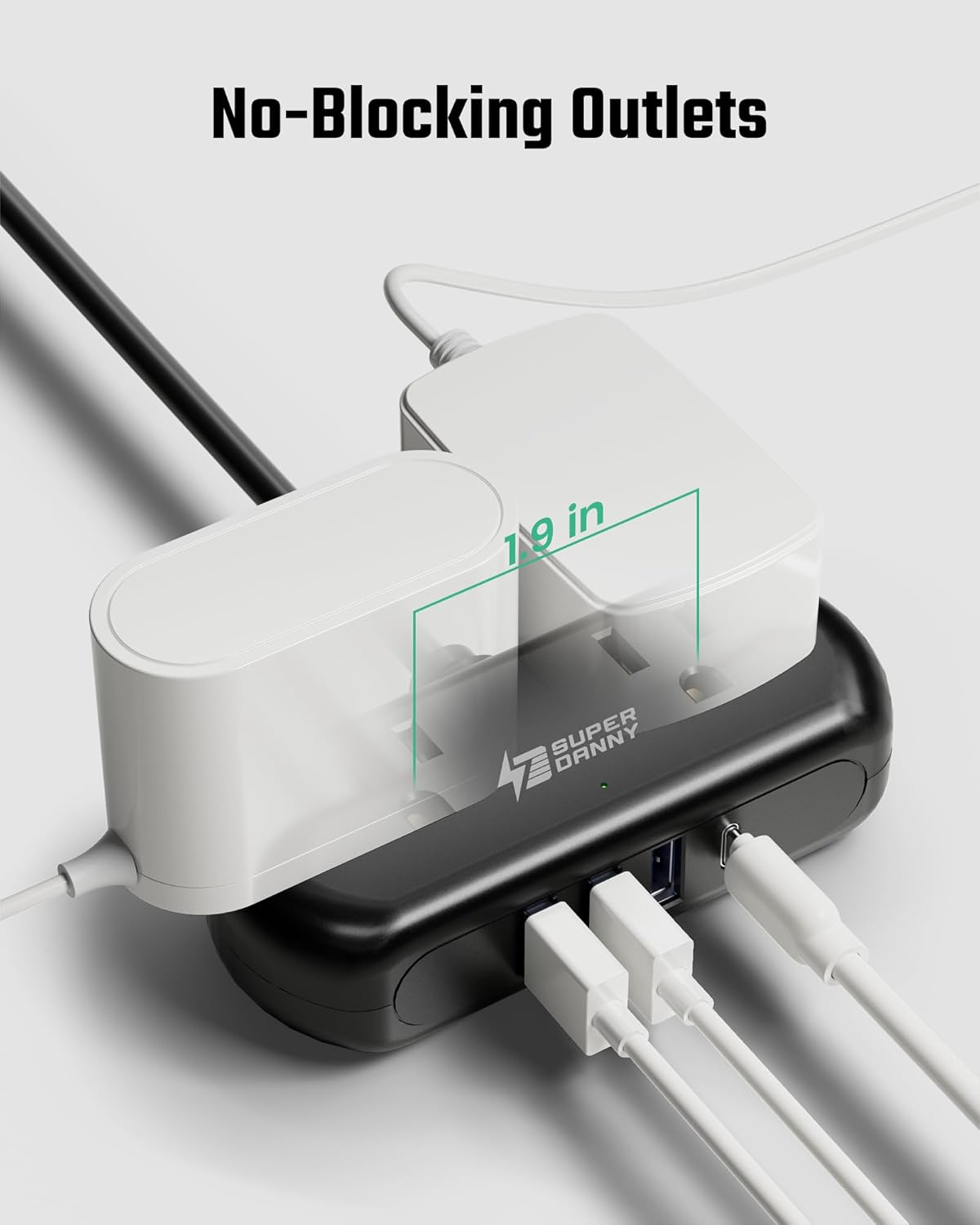 2Ft Extension Cord, SUPERDANNY Mini Surge Protector with 2 Wide-Spaced Outlets, USB Power Strip, 3 USB-A 1 USB-C, Flat Plug, Compact Size Desktop Charging Station Travel, Home, Office, Black