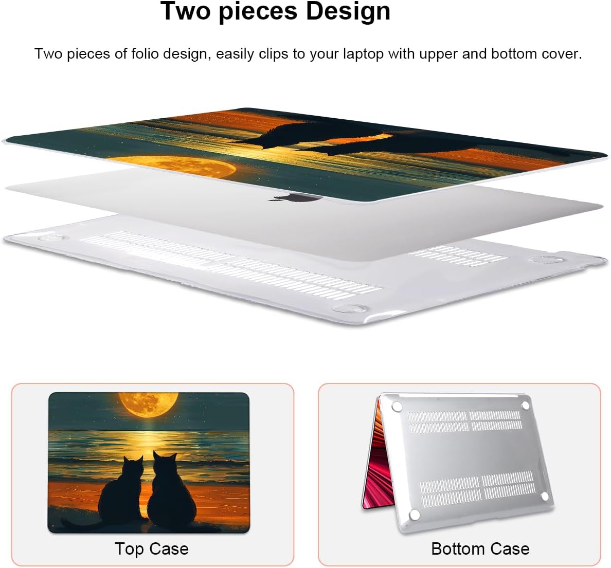 Compatible with MacBook Air 13 inch Case M1 A2337 A2179 A1932 2021 2020 2019 2018 Release with Retina Display & Touch ID, Printed Pattern Plastic Hard Shell Case Cover, Cat Watching Moon