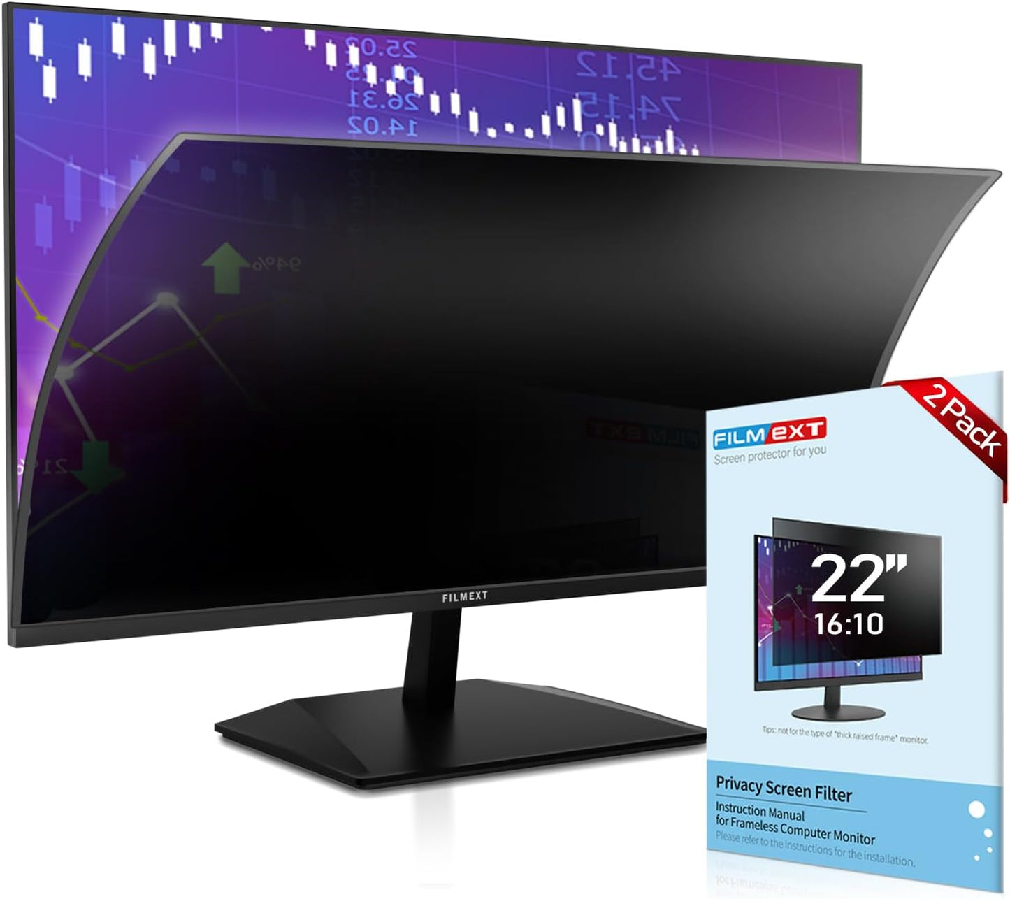 FILMEXT [2 Pack 22 Inch Computer Privacy Screen Filter for 16:10 All-in-One Desktop/Frameless Monitor - Removable Blue Light UV Blocking Privacy Shield for Thin Bezel Computer