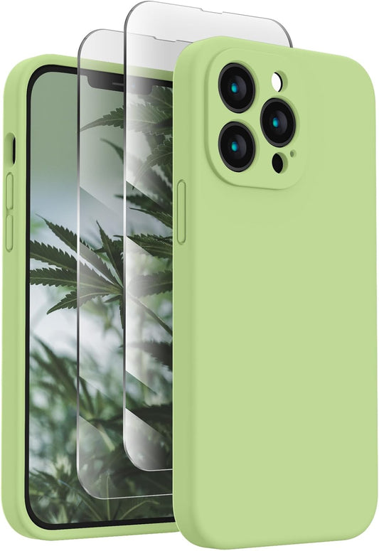 FireNova Designed for iPhone 13 Pro Max Case, Silicone [Camera Protection] Phone Case with [2 Screen Protectors], Soft Anti-Scratch Microfiber Lining Inside, 6.7 inch, Tea Green