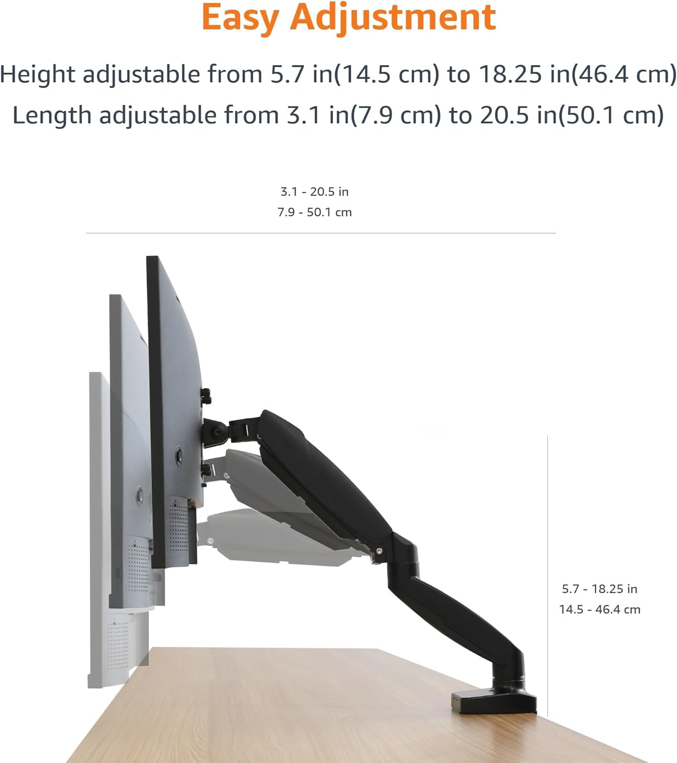 Amazon Basics Gas Spring Single Computer Monitor Arm Mount, Adjustable, Holds up to 27" Monitors, Black