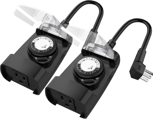 G-Homa 24 Hour Mechanical Outdoor Timer Outlet, Outdoor Timer for Lights, 3-Prong Outdoor Light Timer Waterproof for Home and Garden 15A 1/2HP Heavy Duty, CSA Listed [2 Packs]