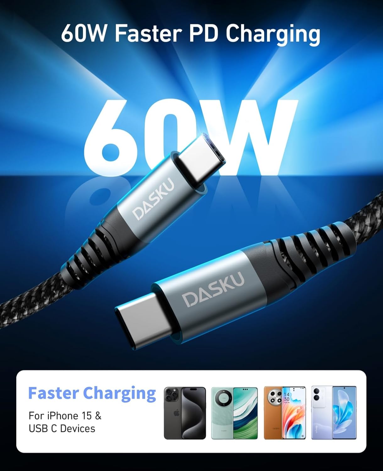 Dasku USB C to USB C Charging Cable (Type C to C, Black, 3FT+3FT+3FT)