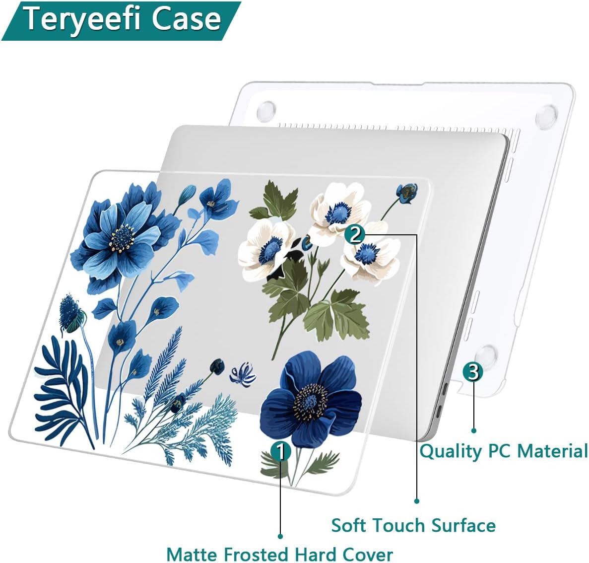 Teryeefi Compatible with M2 M1 MacBook Pro 13 Inch Case A2338 A2289 A2251 A2159 A1989 A1706 A1708 (2024 20203 2022-2016), Hard Shell Case & Keyboard Cover for Mac Pro 13" - Blue Plant Flower