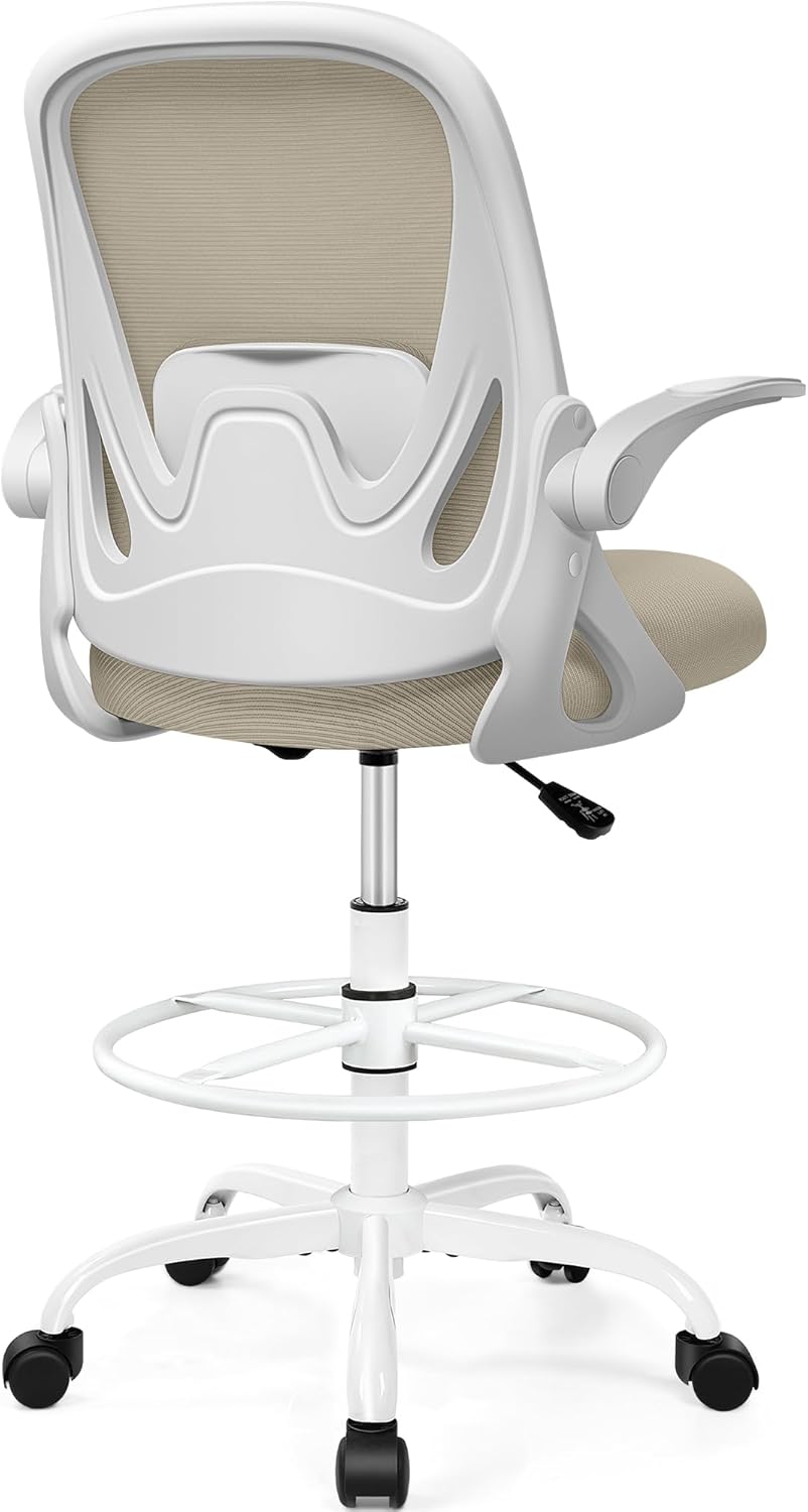 Drafting Chair Tall Office Chair with Flip-up Armrests, Adjustable Height, and Enhanced Lumbar Support - Ergonomic Rolling Stool, Back Support, and Adjustable Foot Rest Ring for Standing Desk Khaki