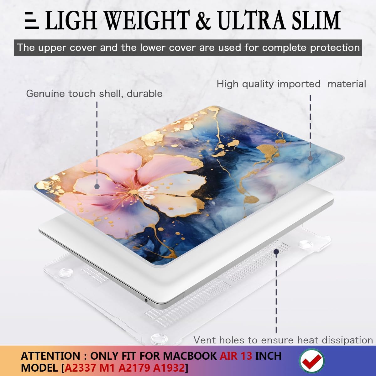 CISSOOK Compatible with MacBook Air 13 inch Case M1 A2337 A2179 A1932 2021 2020-2018, Plastic Hard Shell Case & Keyboard Cover & Screen Film for MacBook Air 13-inch with Touch ID, Marble Flower