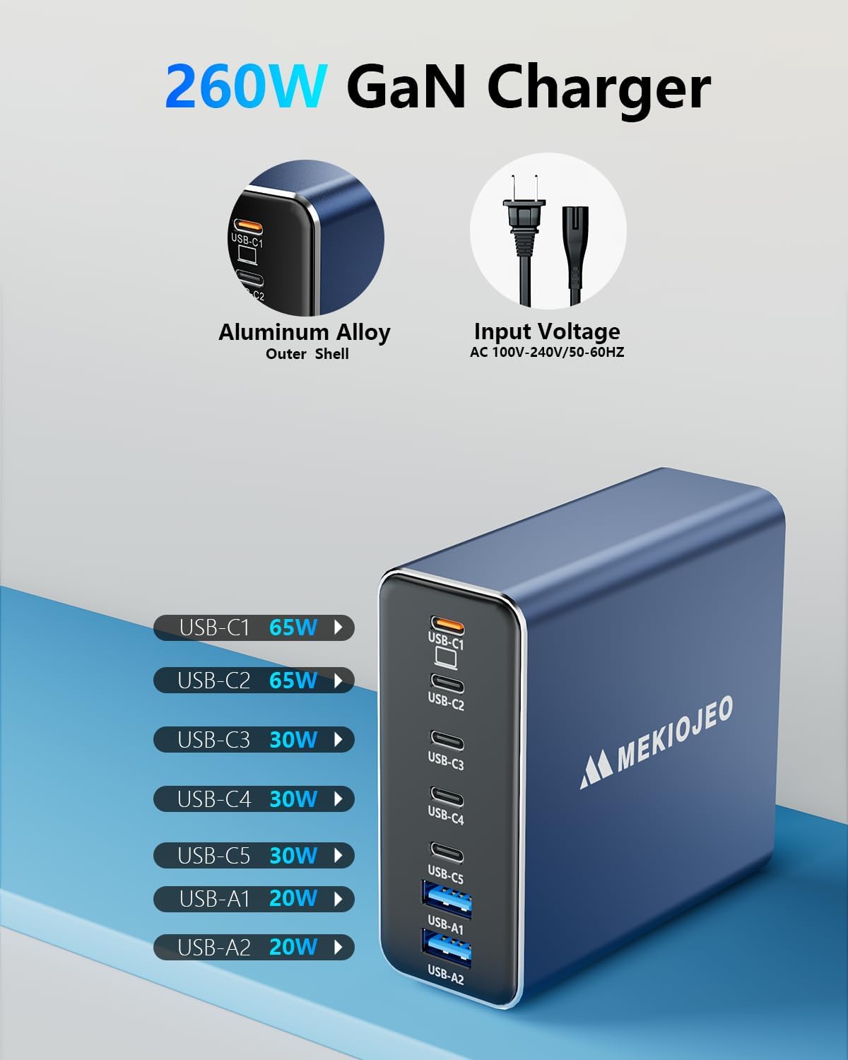 Aluminum Alloy USB C Charger 260W GaN Fast USB C Charging Station 7 Ports 65W Laptop Charger for MacBook Pro/Air/iPad Pro/iPhone (Blue)